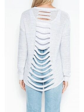Stitches & Stripes Distressed Open Back Knit Sweater